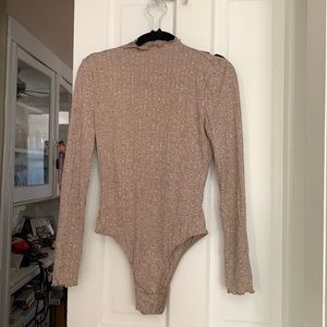 SHEIN Lettuce Trim Rib-knit Bodysuit in taupe. Size medium. Worn once!